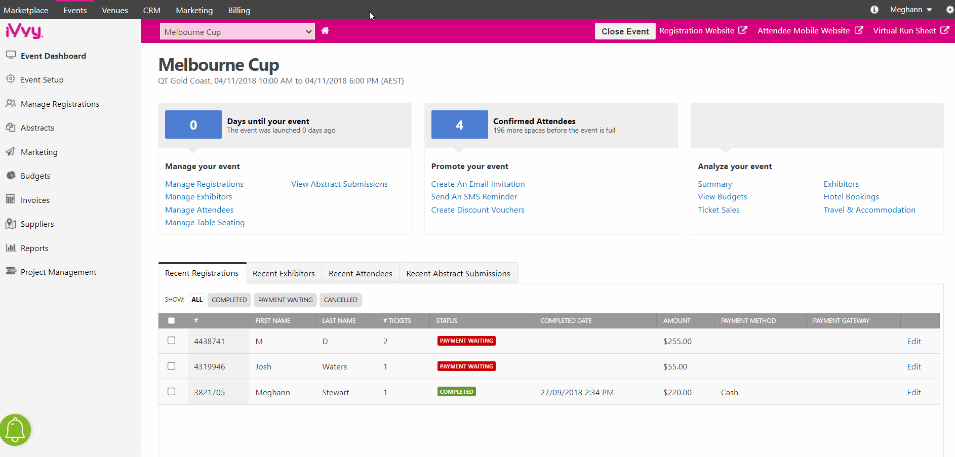 Viewing and sending an attendees itinerary