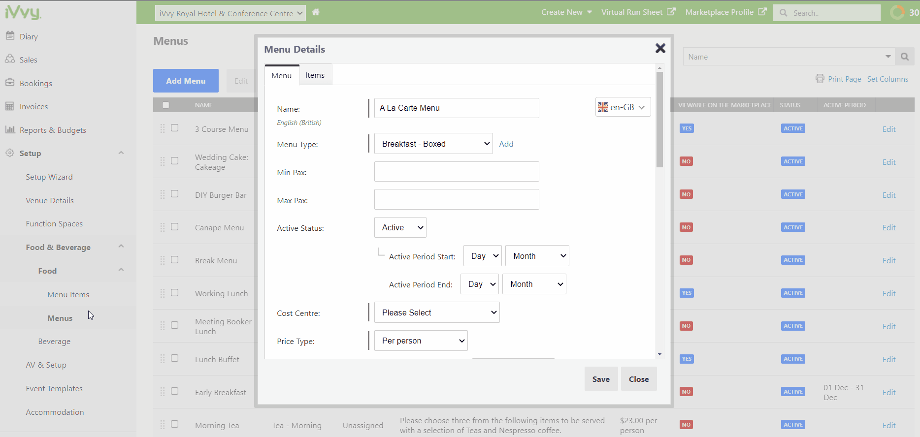 creating a total of menu items